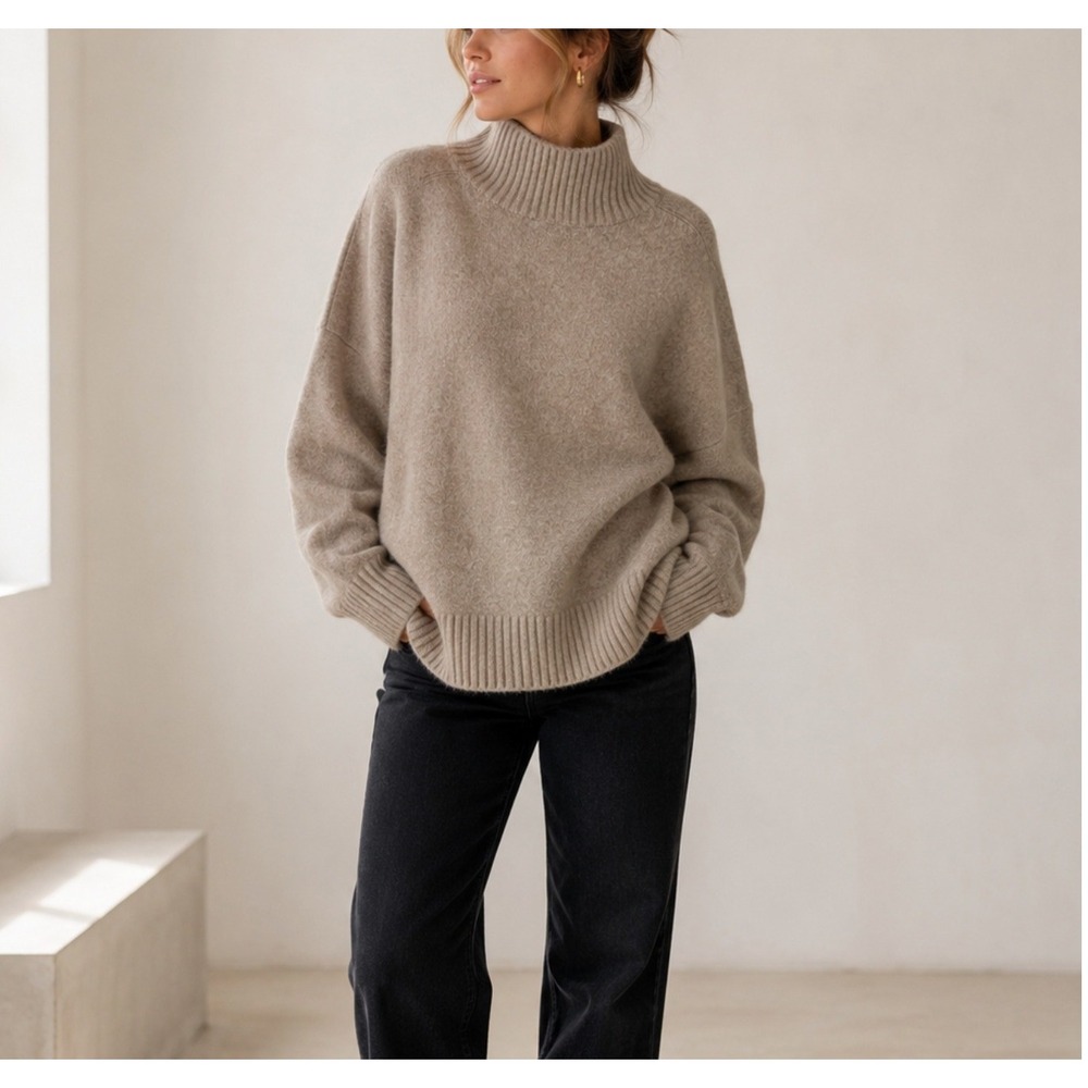 Zara NWT XL Oversized Oatmeal Sweater Cozy Minimalist Wool Blend Mock Neck Tan